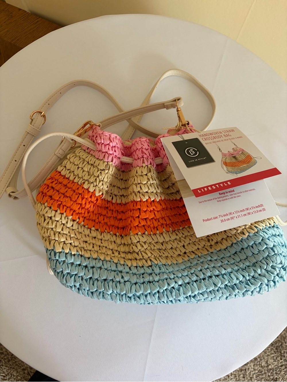 Striped Crochet Drawstring Crossbody Bag in Pink, Orange, Cream, Blue